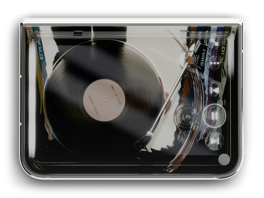 iPhone Duo shut, seen from above: the record turning under a glass lid on the outer screen.
